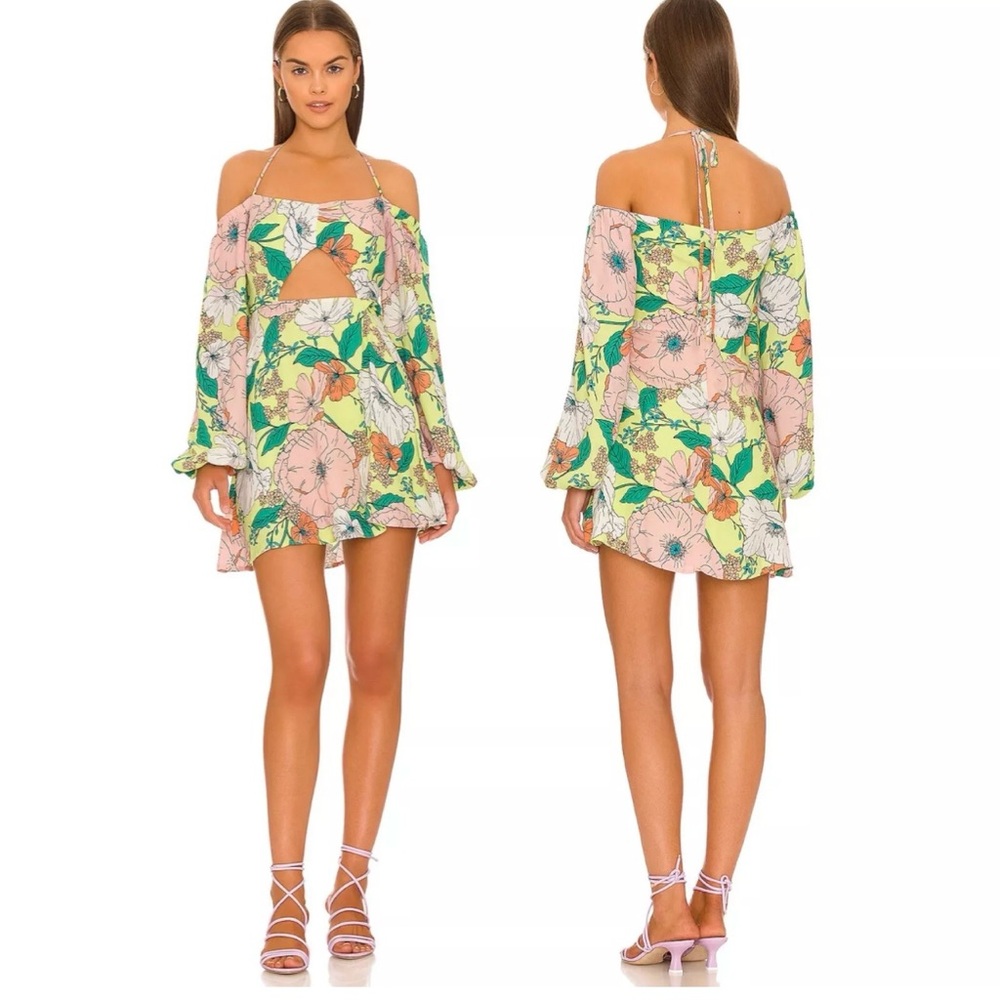 Revolve X AFRM Spring Lime Bouquet Floral Dolly Off The Shoulder Mini Dress | M